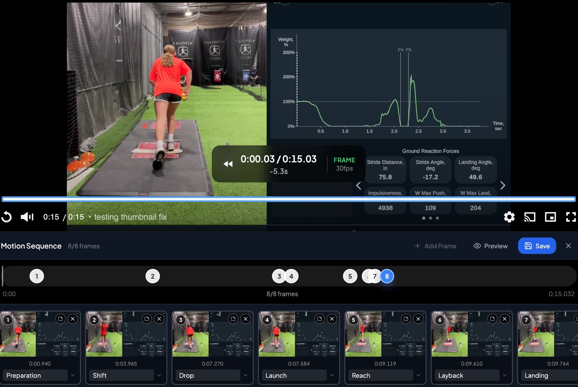 Video analysis workspace with annotation tools and athlete clip library