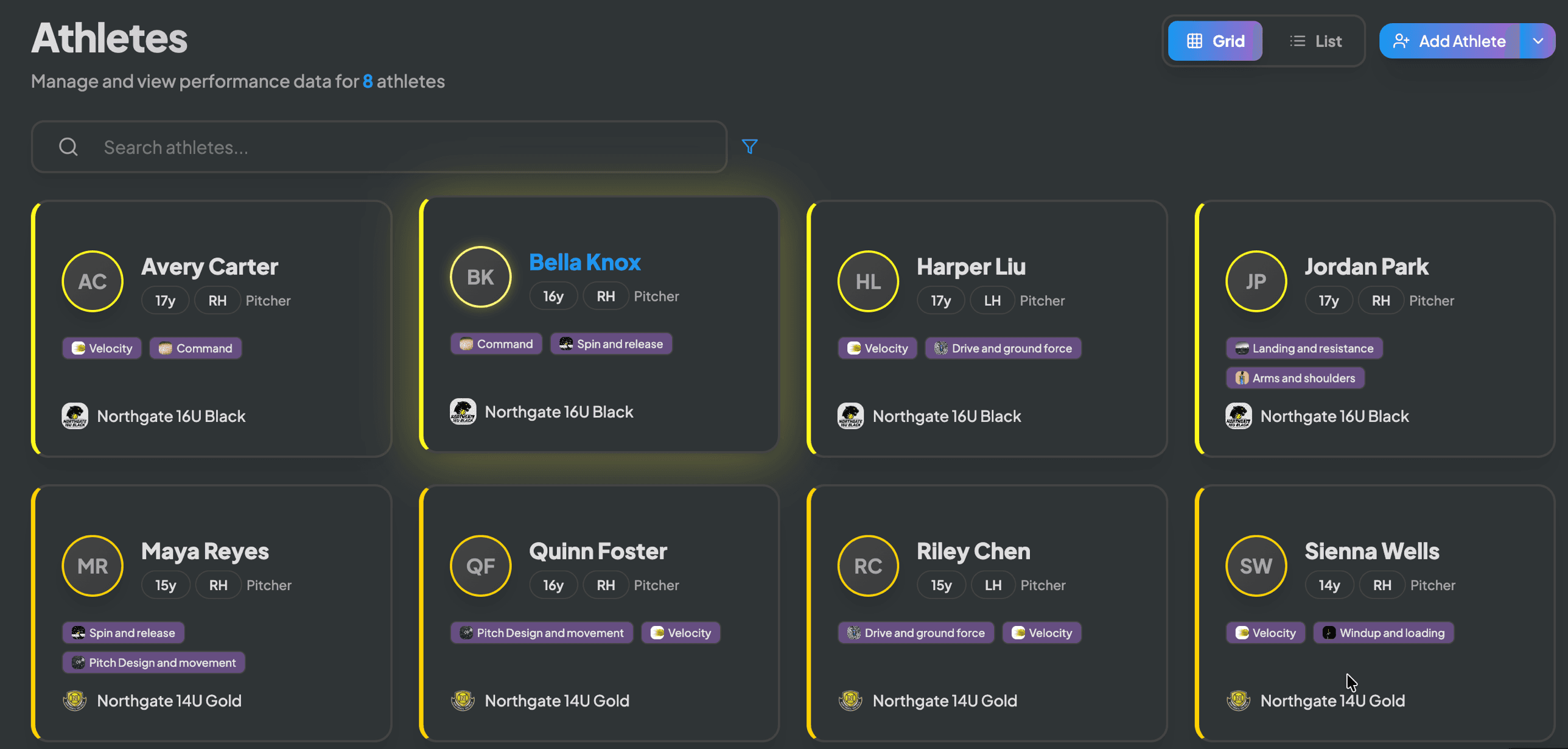 Athletes grid view showing 8 athletes with team affiliations and training focus tags