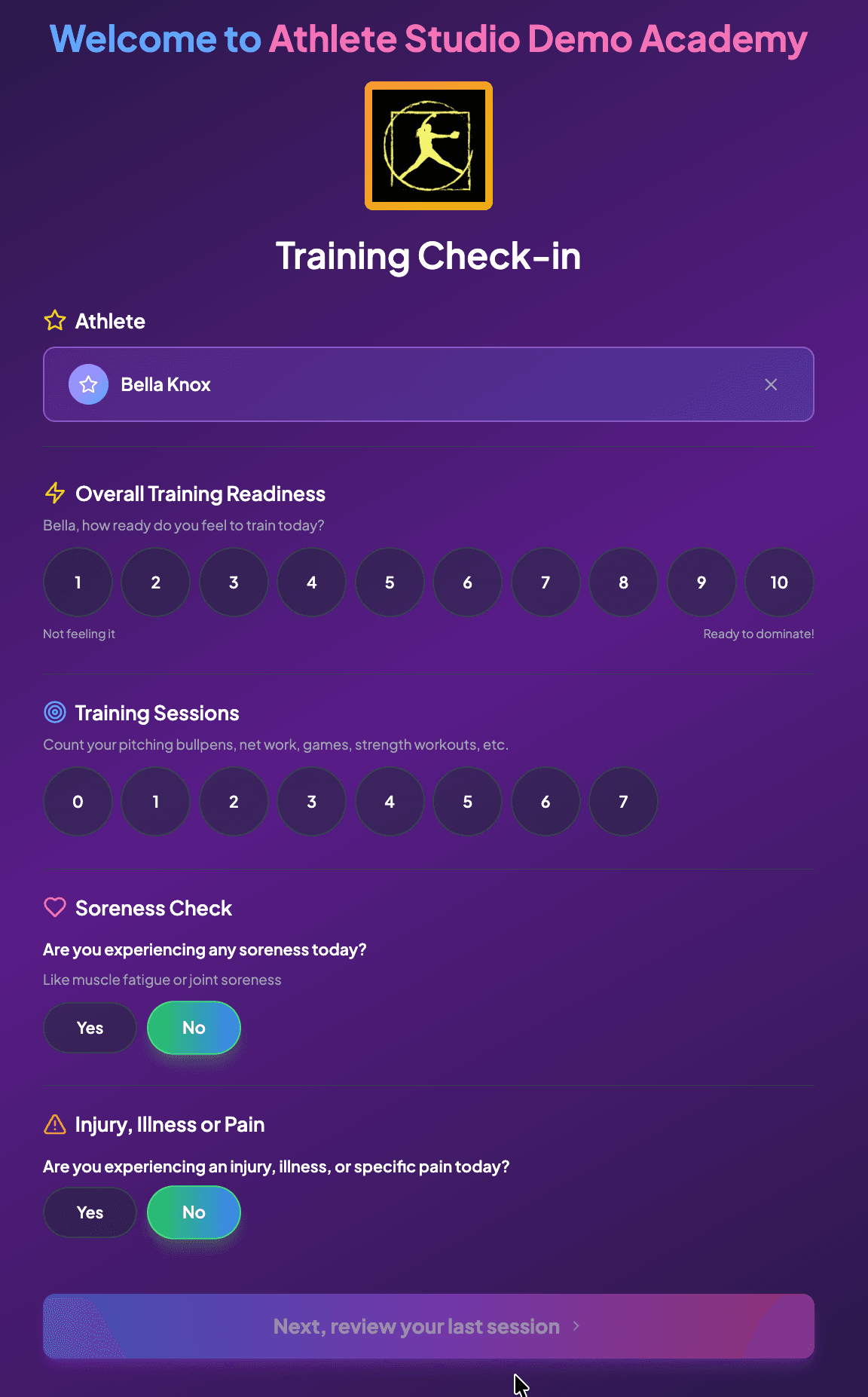 Training check-in screen on mobile with readiness scale and soreness toggles